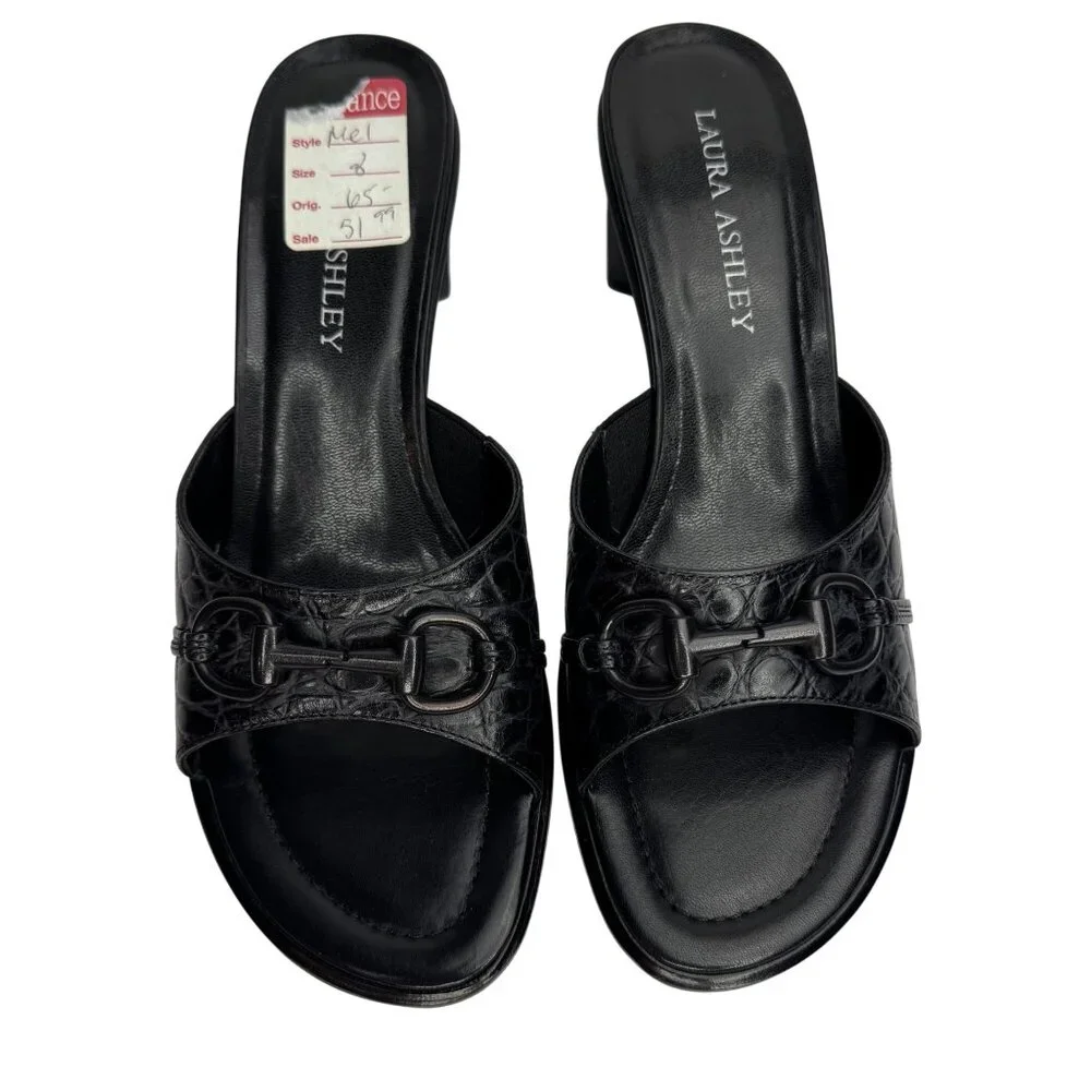 Vintage Y2K Laura Ashley Black Croc-Embossed Leather Slide Sandals Buckle Detail
